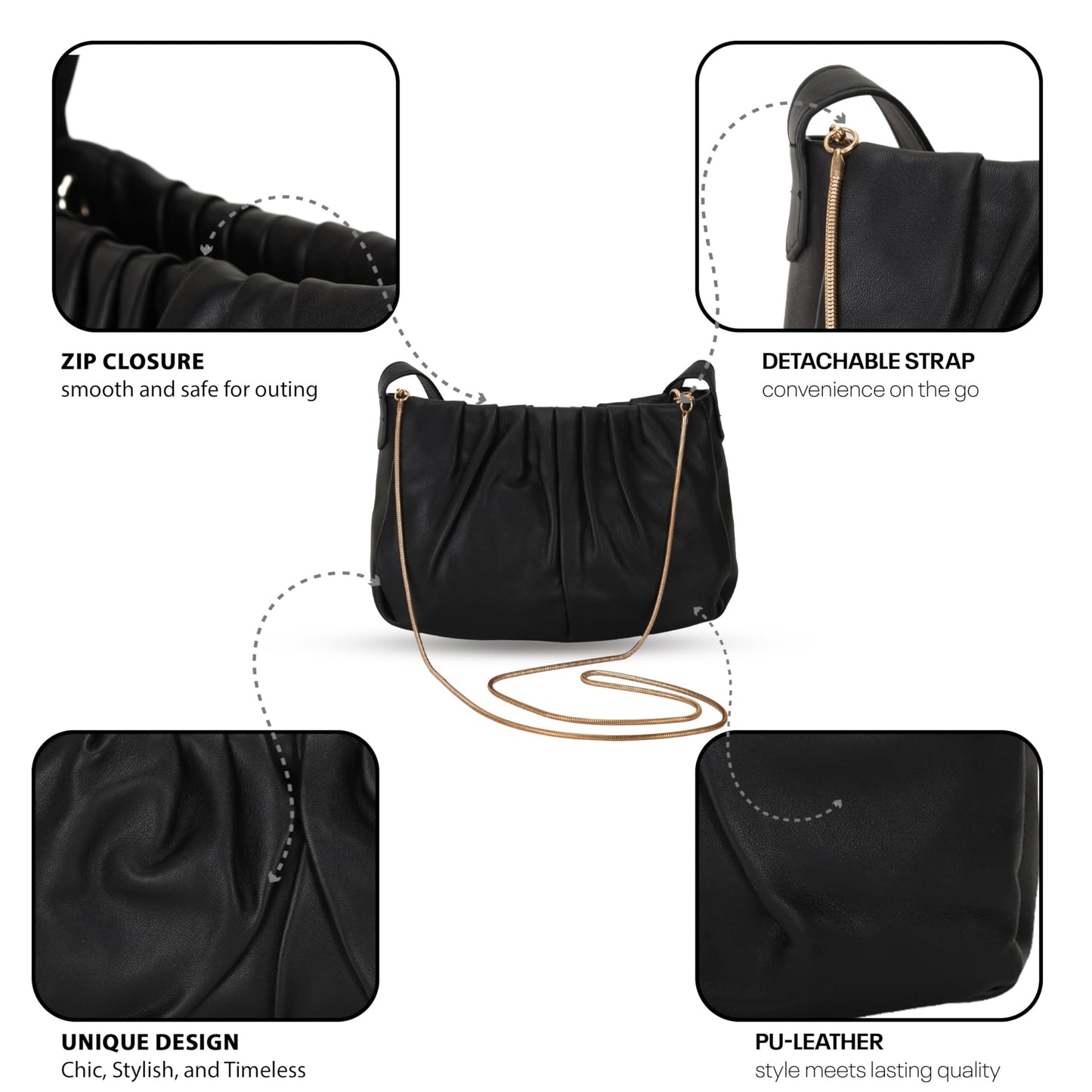 SIBY PU Leather Retro Sling Bag for Women | Small Crossbody Handbag with Chain Strap and Zipper Closure - Black
