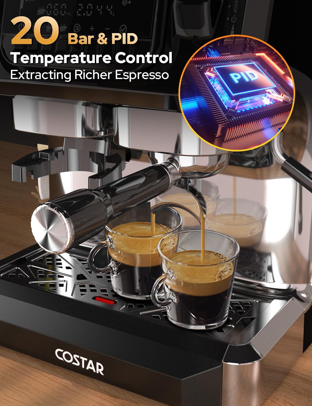 COSTAR Professional Espresso Machine with Grinding & Frothing, 20 Bar Coffee Machines with LED Screen, Coffee Maker Machine for Home/Office, 1.8L Removable Water Tank for Cappuccino, Latte