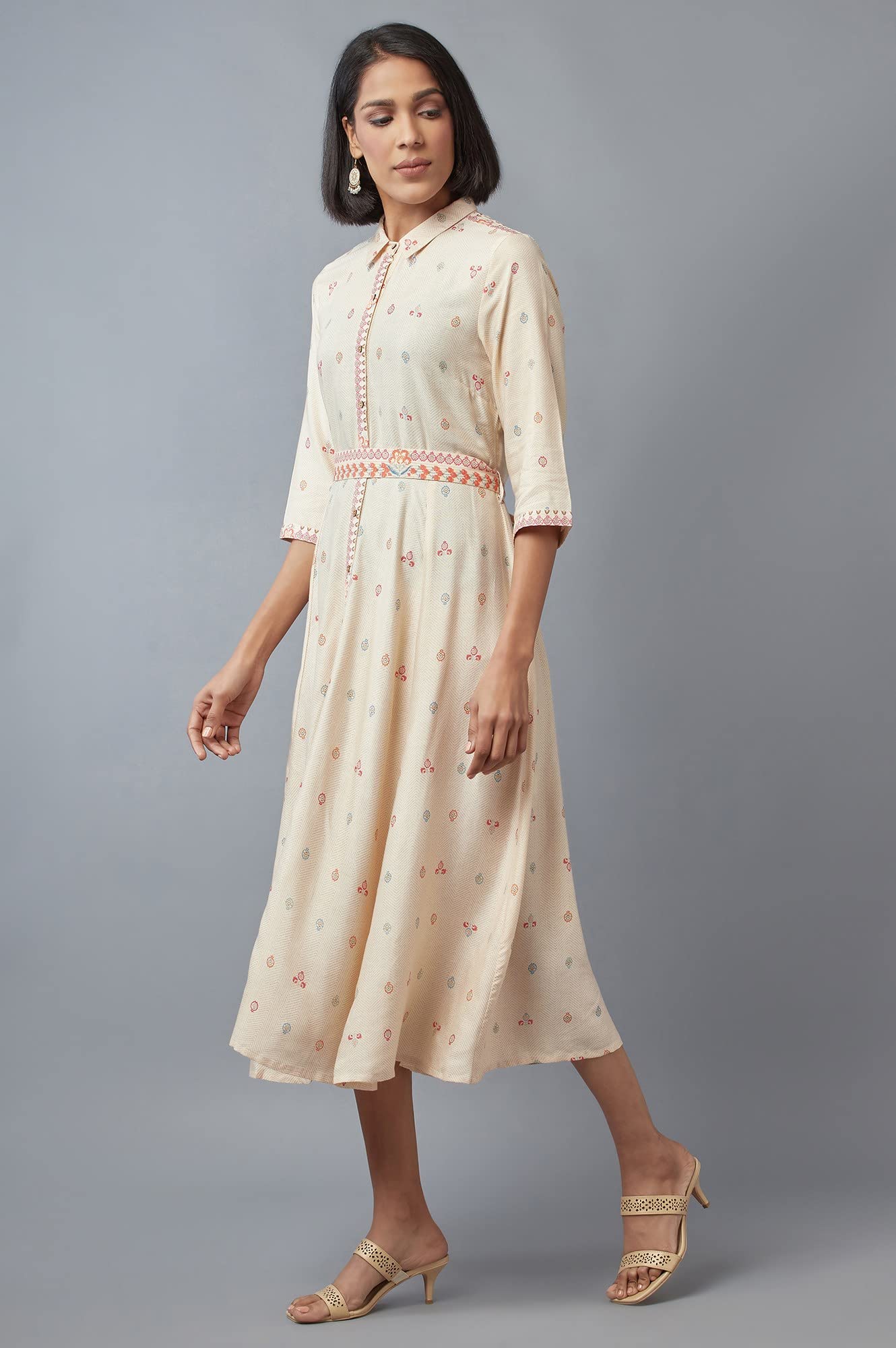 W for Woman Women's Rayon Ecru Shirt Collar Dress Midi (22FEW16068-116564 L)