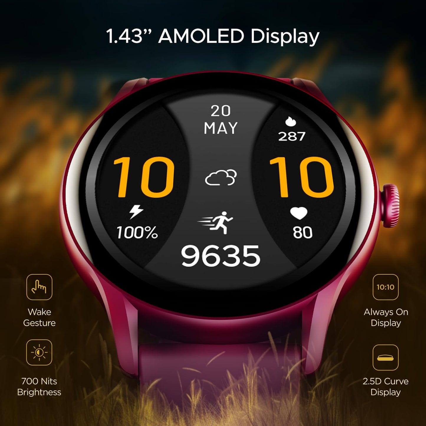 boAt Lunar Connect Ace Smart Watch w/ 1.43" (3.6 cm) AMOLED Display, Bluetooth Calling, 100+ Sports Mode, Music and Camera Control, Up to 7 Days Battery Life, IP68, HR&SpO2 Monitoring(Burgundy)