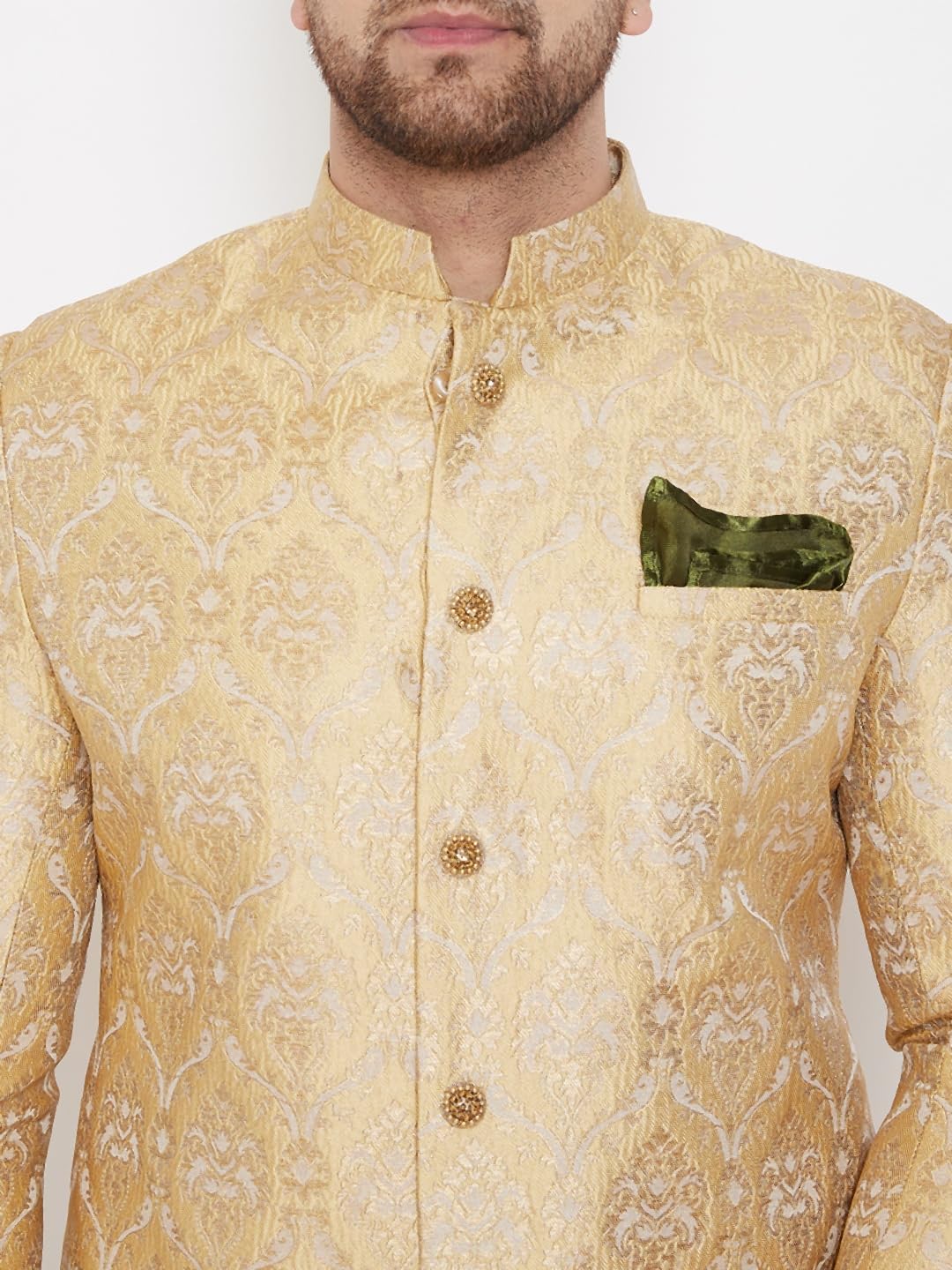 VASTRAMAY Men's Gold Beige Silk Blend Sherwani Set - Brocade Sherwani And Pyjama Set