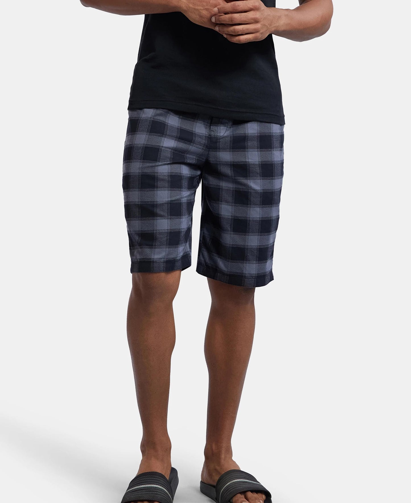 Jockey Men's Regular Fit Shorts (US88-01_Charcoal & Blue_L)