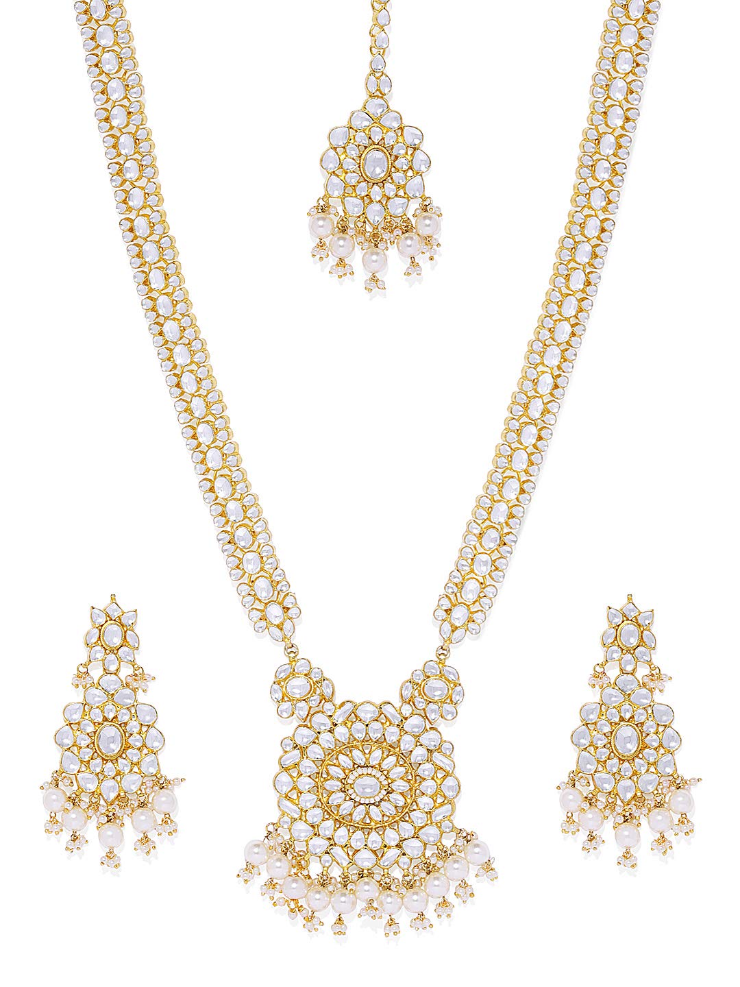 ACCESSHER Traditional Gold Plated Premium Pachi Kundan and Pearls Embedded Statement Bridal long Necklace Set with Earring and maangtikka for Women and Girls Pack of 1