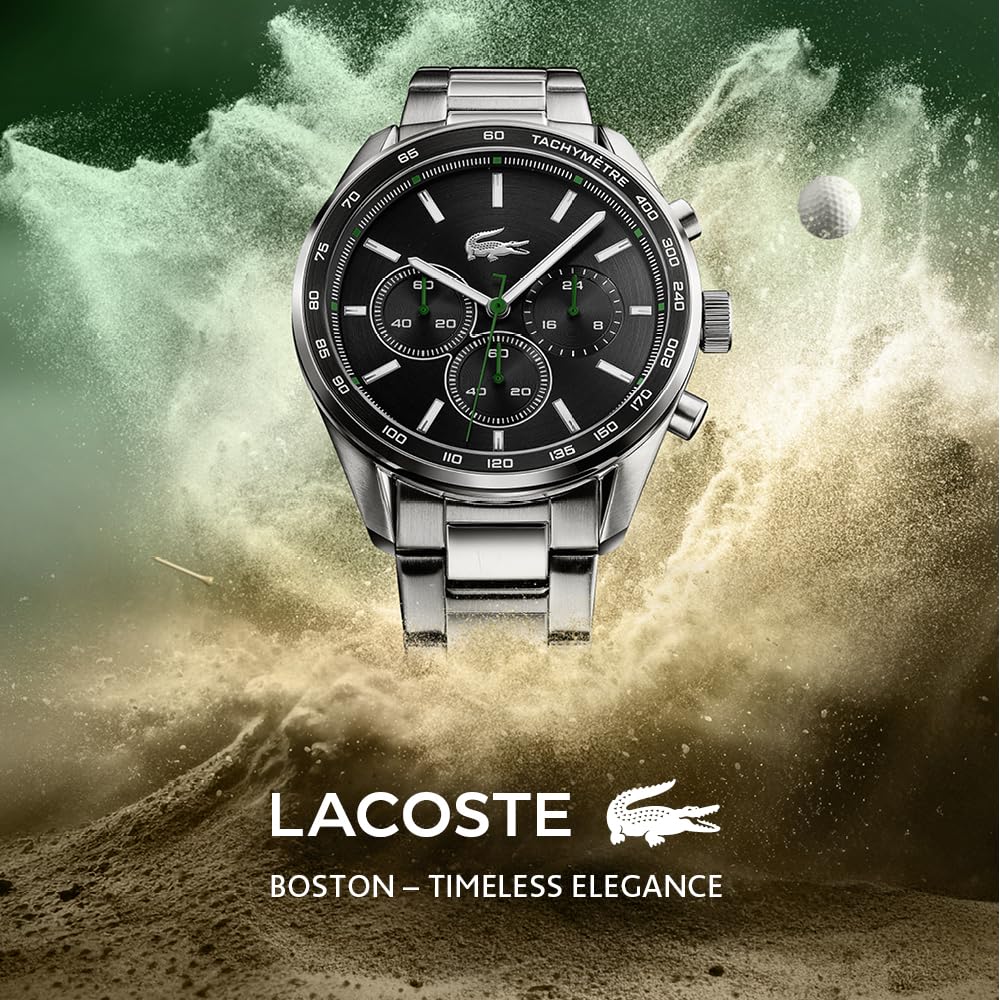 Lacoste Boston Qtz Fashion Chrono Black Round Dial Men's Watch|Stainless Steel Material|Silver Color Band - 2011347