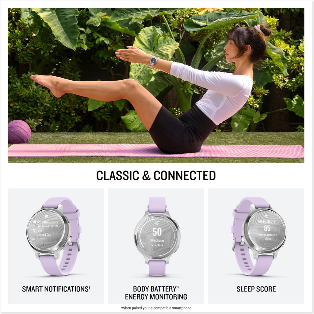 Garmin Lily® 2 Active, Small and Stylish Smartwatch, Built-in GPS, Hidden Display, Patterned Lens, Up to 9 Days Battery Life, Silver with Purple Jasmine Silicone Band