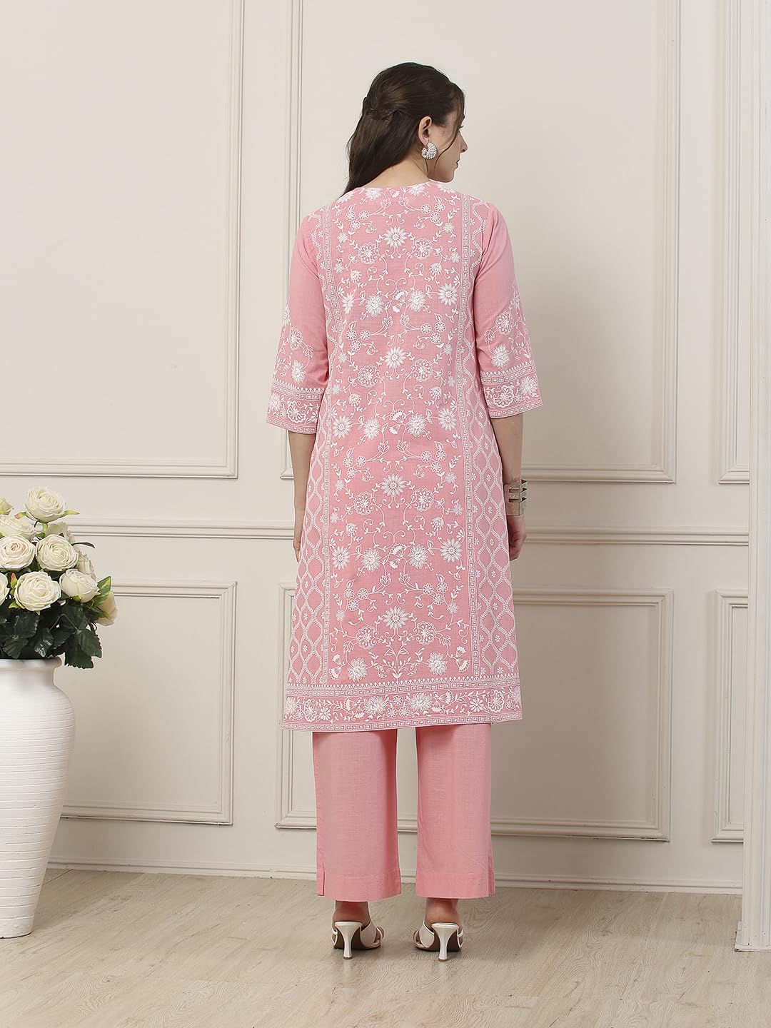 Biba Women Pink Cotton Straight Suit Set_36