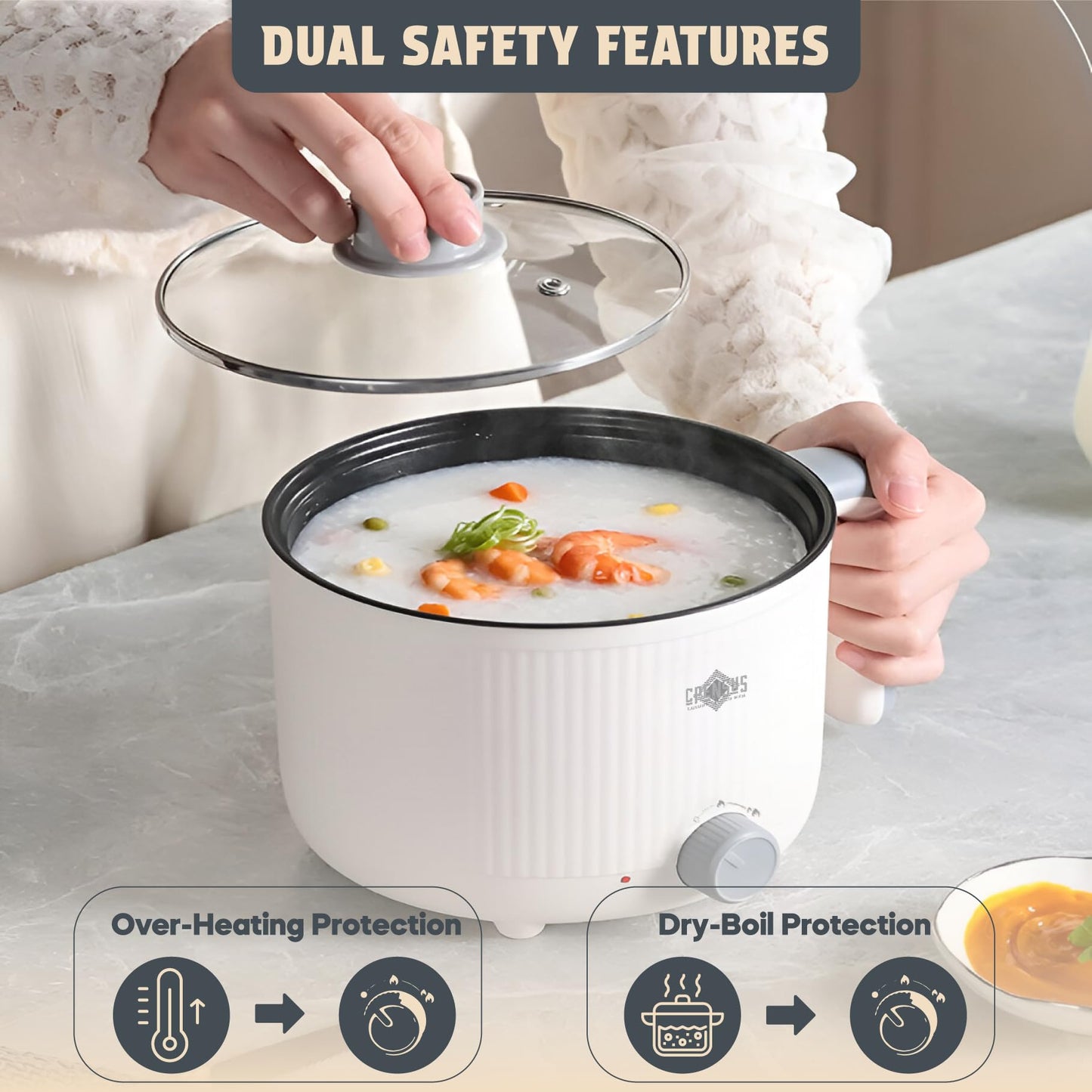 CPENSUS Mini multipurpose electric kettle with steamer 1.2 Liters inner pot Non-stick hotpot cooker for cooking hot water rice idli momos tea 600W Portable Travel