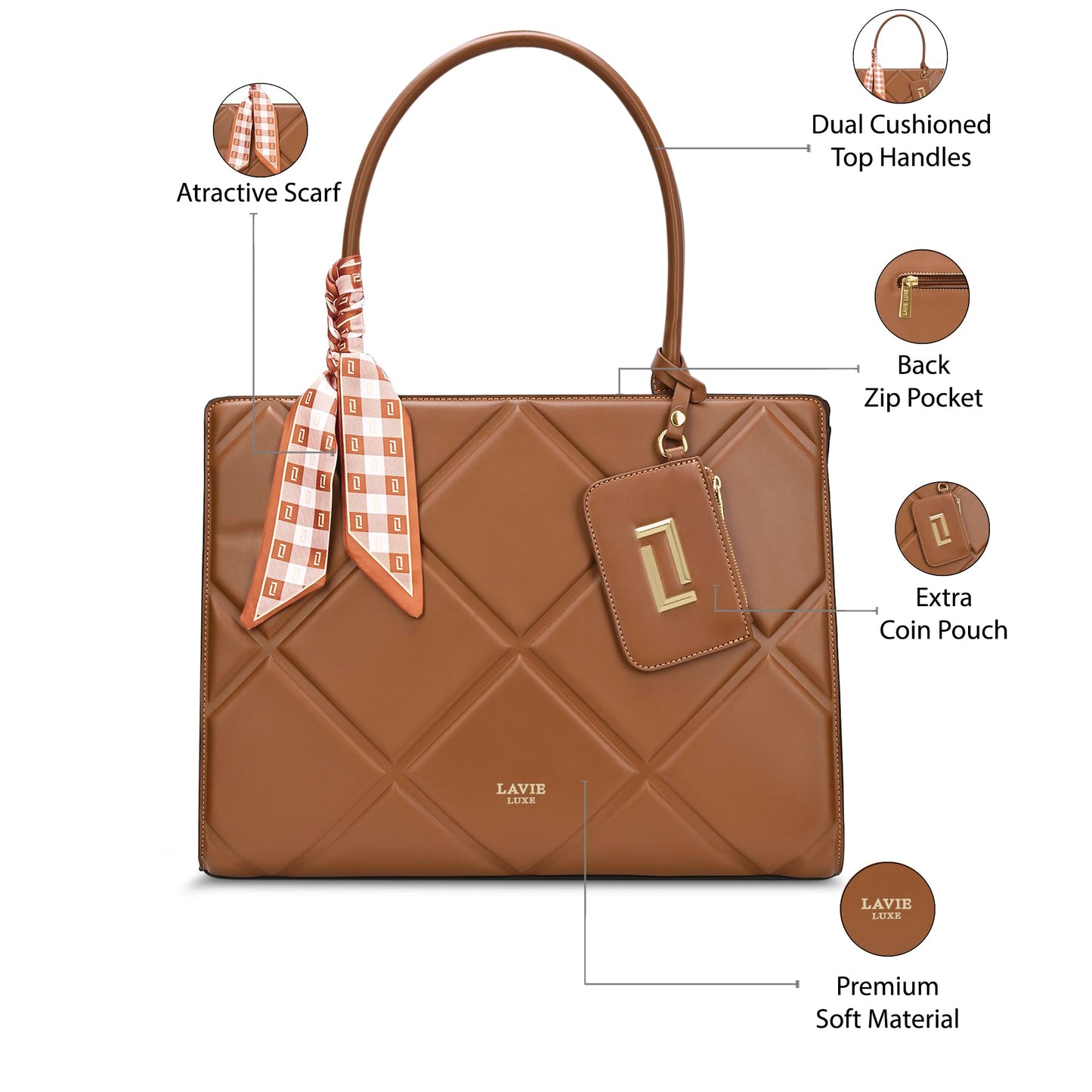 Lavie Luxe Women's Quare26 Extra Large Laptop Satchel Bag | Upto 14 Inch | Satchel Handbag for Work | Ladies Purse | Stylish Shoulder Bag | Gift for Women