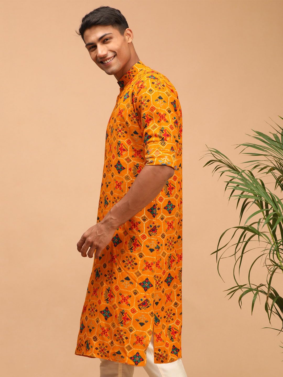 VASTRAMAY Men's Longline Pathani Style Rayon Printed Kurta with Foil Print Detailing | Perfect for Navratri Yellow