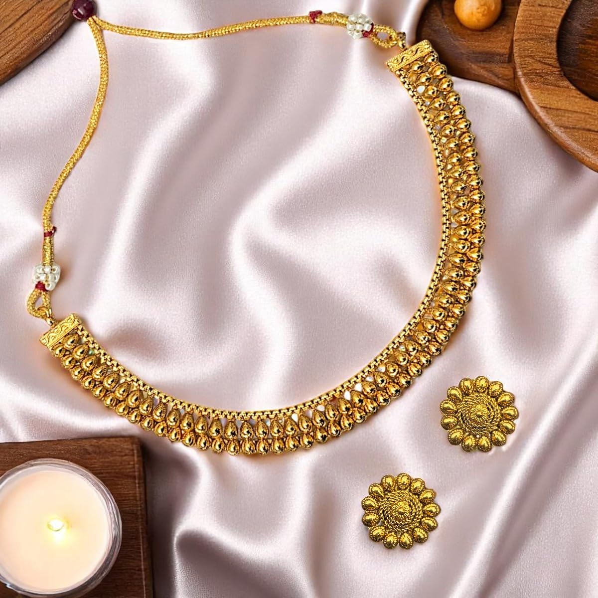 ACCESSHER Traditional Gold Plated Choker Necklace Set with Floral Design Earrings | Wedding & Special Occasions Jewellery Set | Accessories for Women & Girls