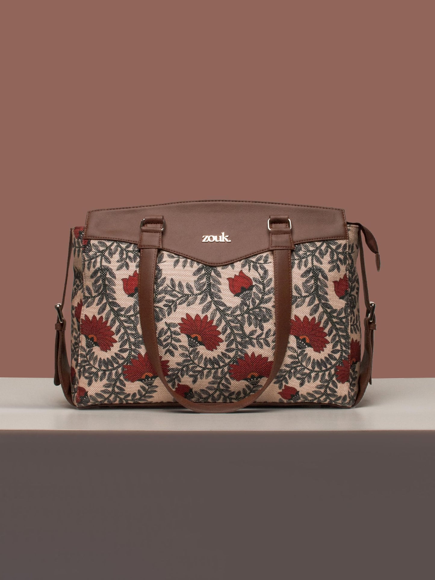ZOUK Nawabi Couture Floral Printed Jute Vegan Leather Beige and red Women's Office Work Bag With Double Handles Strap