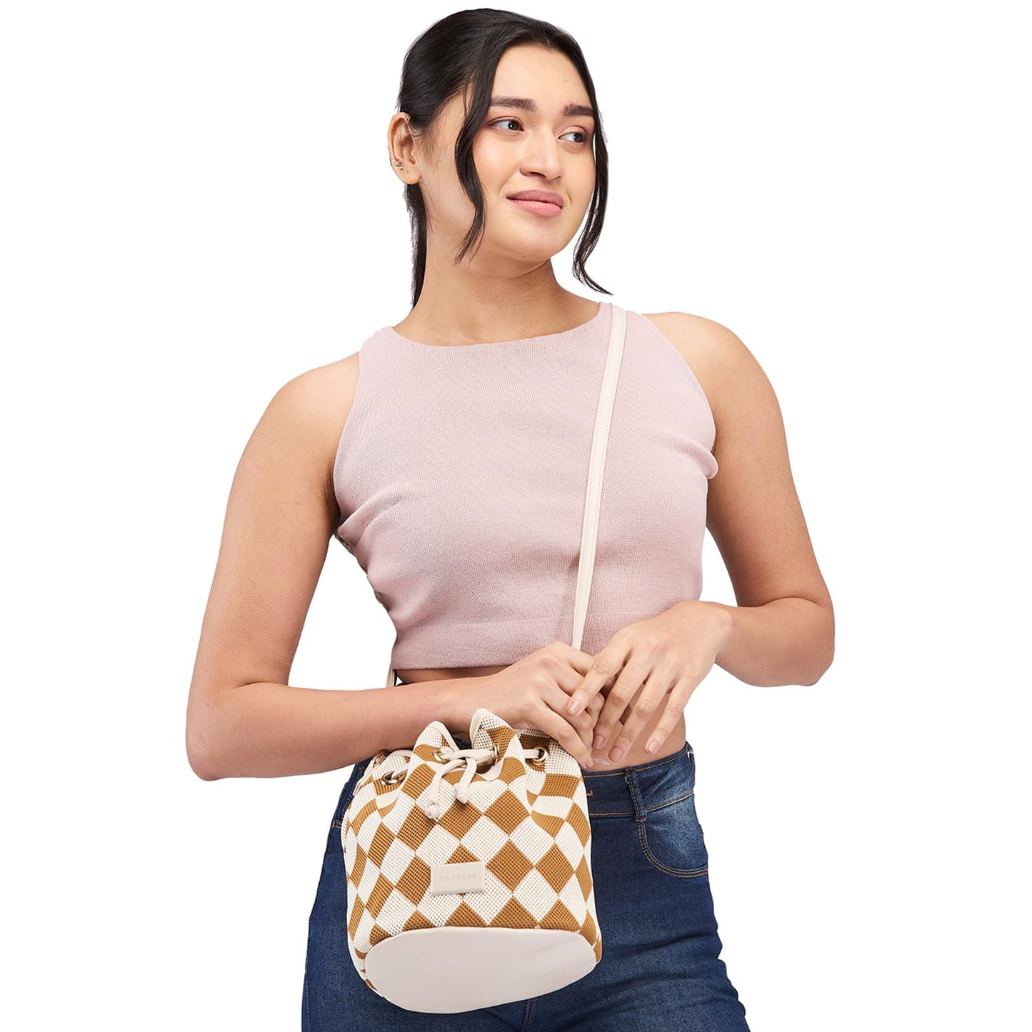 Caprese Checker Sling Bag for Women (Medium, Cream)