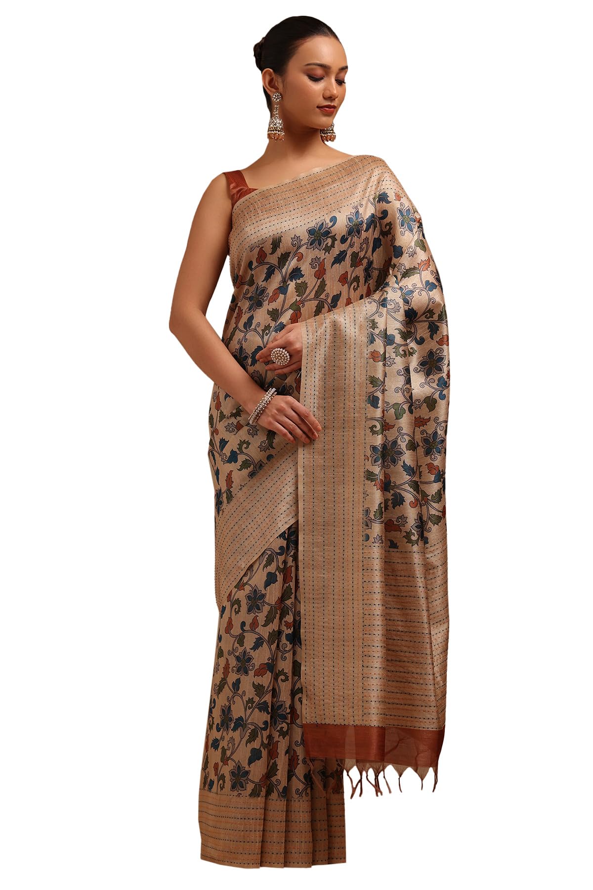 Soch Womens Beige Chanderi Botanical Print Saree With Thread Work