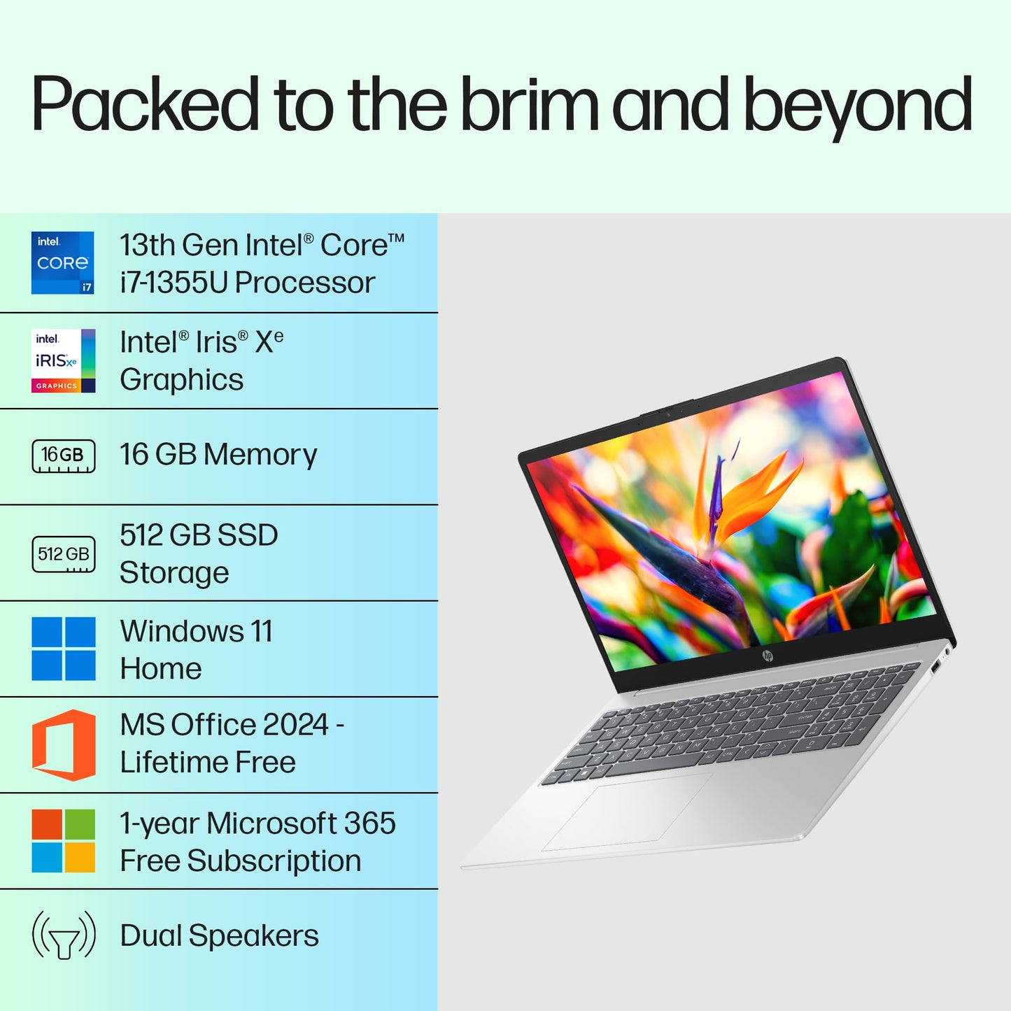 HP 15, 13th Gen Intel Core i7-1355U (16GB DDR4, 512GB SSD) Microsoft365* Office2024, Win11, 15.6inch(39.6cm) FHD Laptop, Intel Iris Xe, FHD Camera w/Privacy Shutter, Backlit, Silver, 1.59kg, fd0468tu