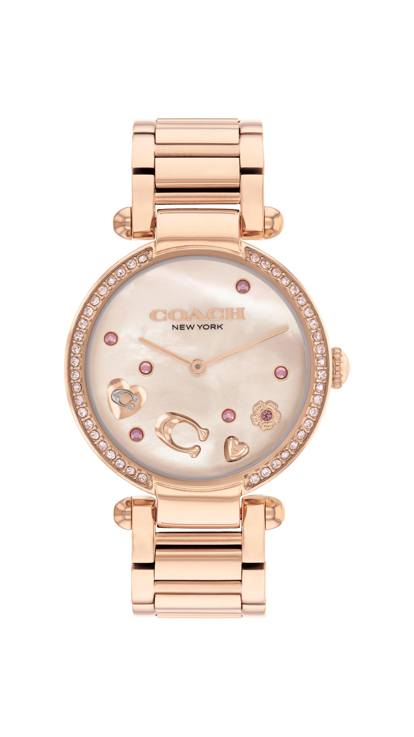 Coach Cary Qtz Basic Pink Mother of Pearl Round Dial Women's Watch|Ionic Plated Rose Gold Steel Material|Gold Color Band - 14504266