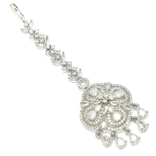 Zeneme Floral Brass Maang Tikka for Wedding Rhodium Plated American Diamond Studded Silver Toned Maang Tikka for Women & Gift For Girls (Sparkly Chandelier Maang Tikka)