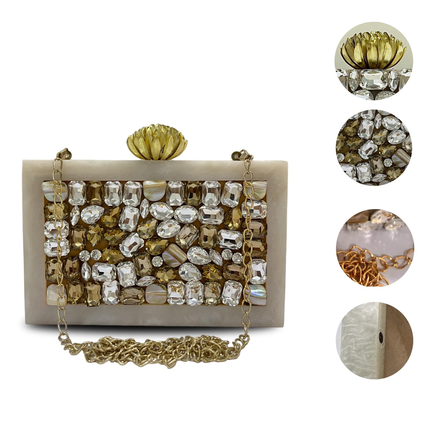 Maresse Women's Bridal Designer Purse – White Marble Resin Clutch with Embellished Stones, Elegant Sling Bag for Weddings, Stylish Evening Handbag, Luxury Party Accessory for Women (Monolith)