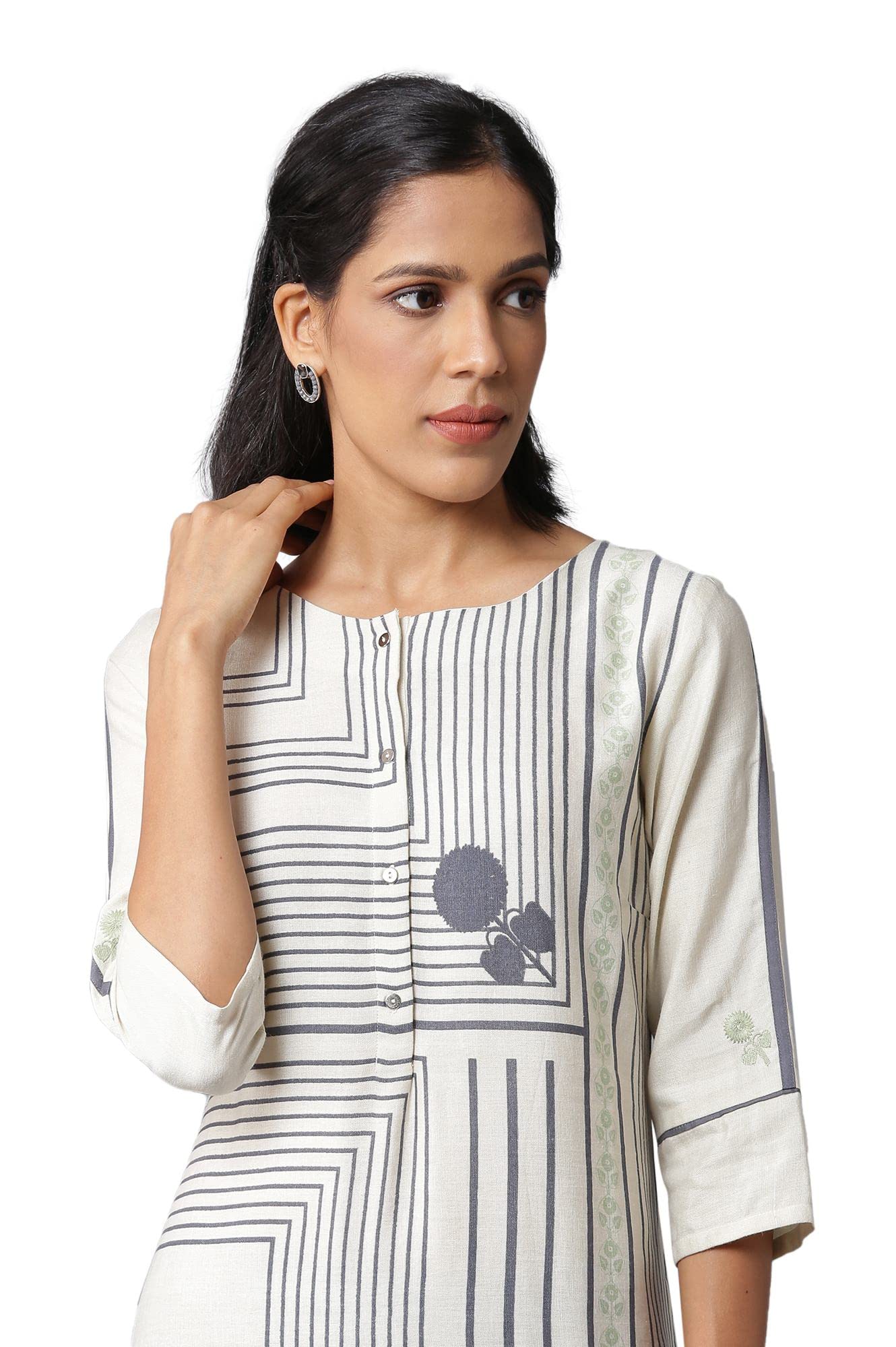 W for Woman Women's Rayon Geometric Regular Kurta (22FEW17327-118127_Ecru_L)