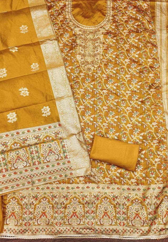 VARNI FABRICS Jacquard with Handwork Dress Material for Women Floral Unstitched Woman Salwar Suit Dress Material with Jacquard Dupatta Mustard Yellow