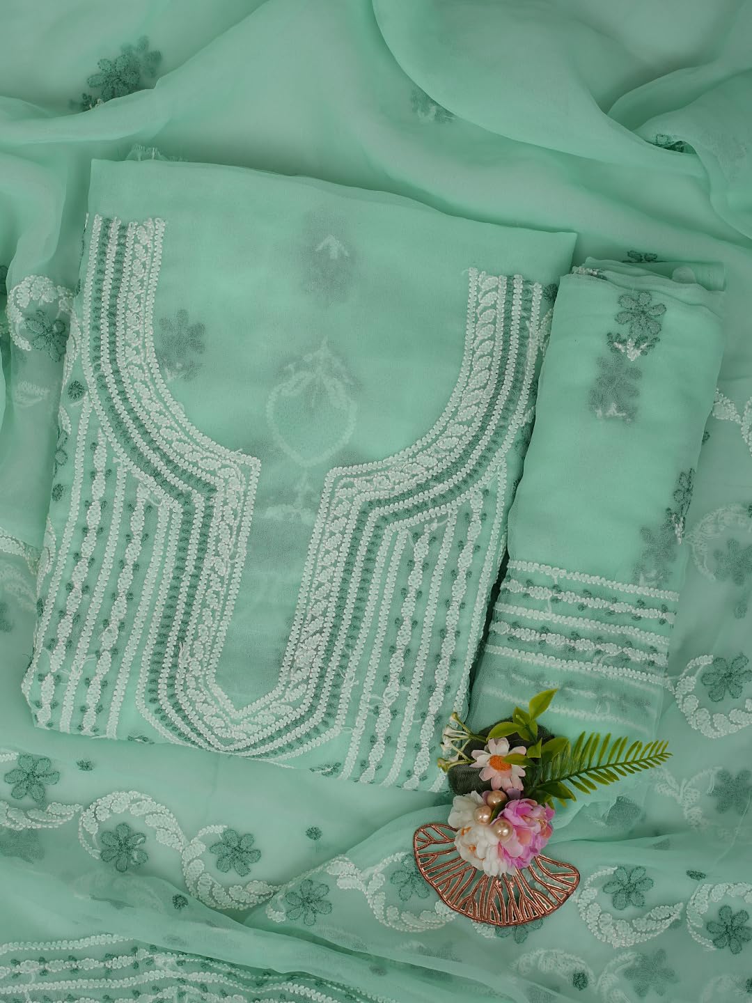 Ada Hand Embroidered Lucknowi Chikankari Unstitched Georgette Dress Material Suit Piece with Dupatta for Women 01A867502 Seafoam Green