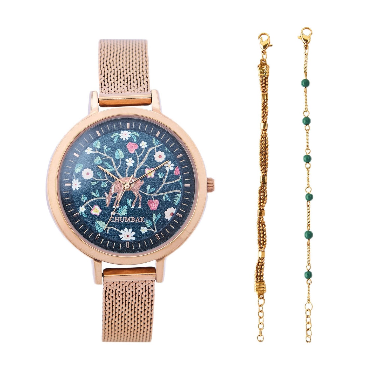 Chumbak Hangul Leather Strap Watch & Bracelet Set for Women – Stylish Analog Combo Watch for Girls – Kashmiri Art-Inspired Gift Accessory, Kashmir Trails Collections