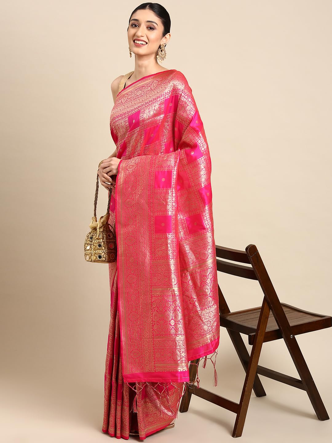 AMIRAT Women's Banarasi Silk Woven Zari Saree | Banarasi Silk New Look And Heavy Designer Saree With Unstitched Blouse Piece (Pink)