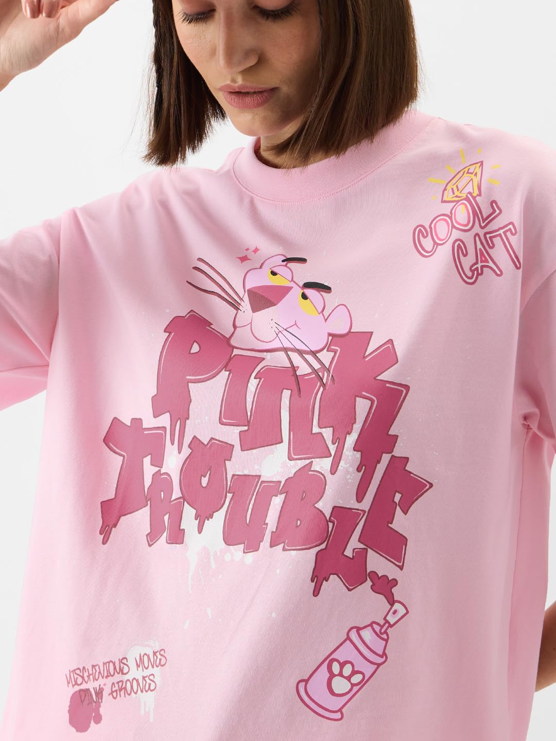 The Souled Store Official Pink Panther: Pink Trouble Women and Girls Short Sleeve Round Neck Pink Graphic Printed Cotton Oversized T-Shirts