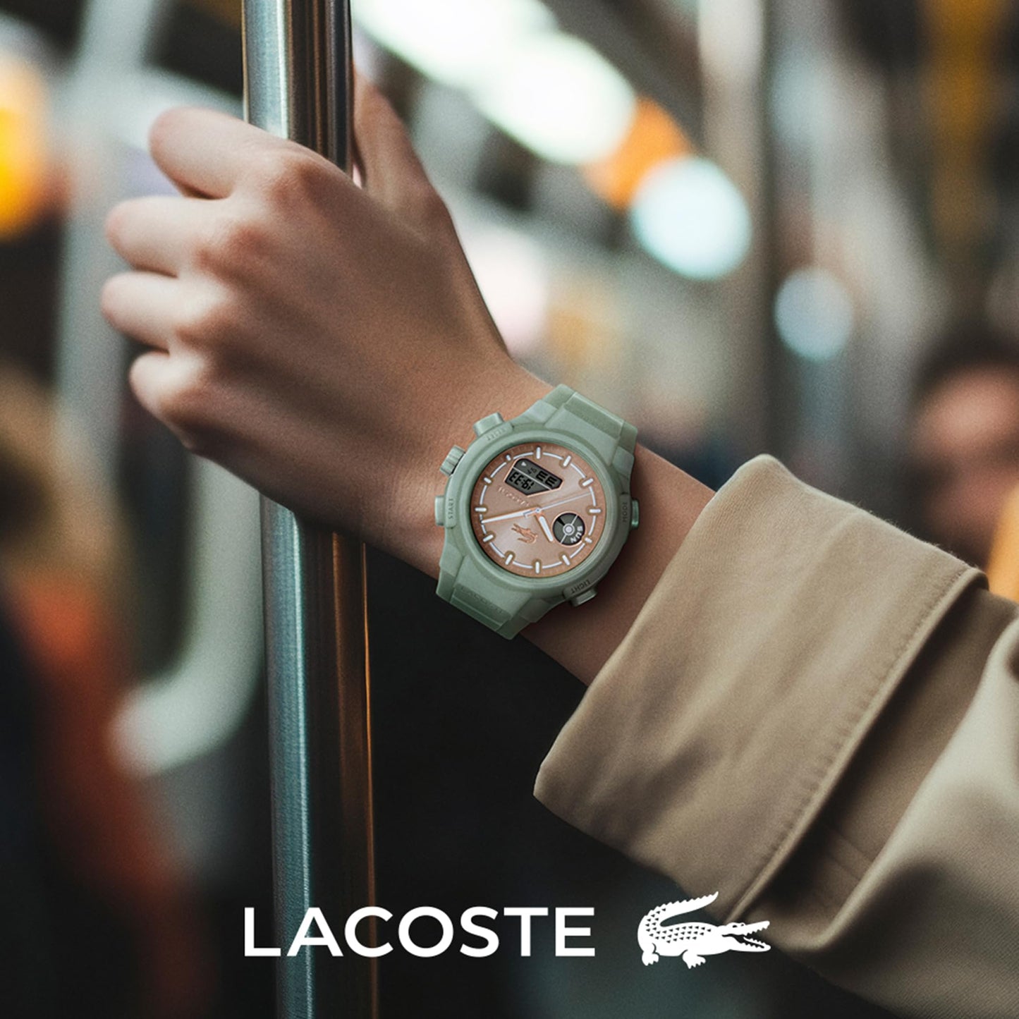 Lacoste Lc33 Qtz Basic Rose Gold Sunray Round Dial Women's Watch|Green Silicone Material|Green Color Band - 2001433