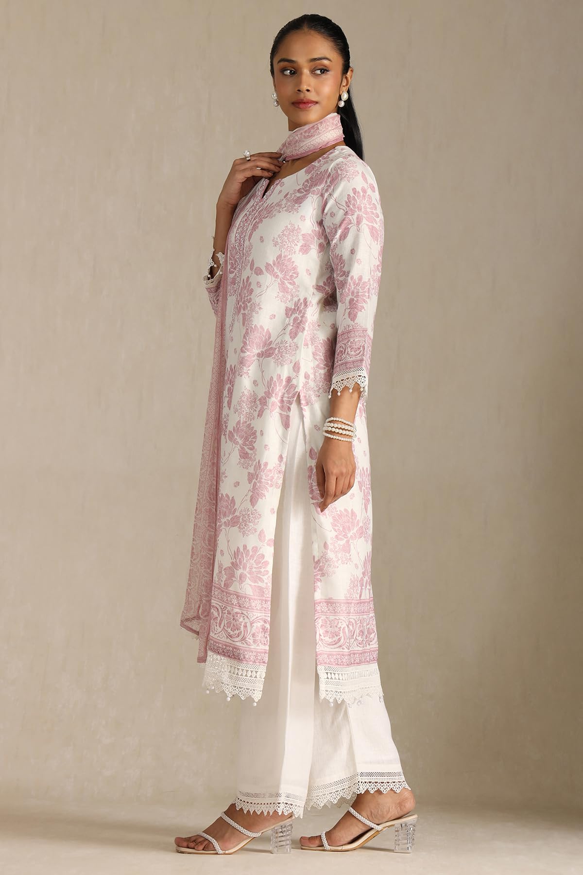 Soch Womens Off White Linen Floral Print Suit Set With Sequins