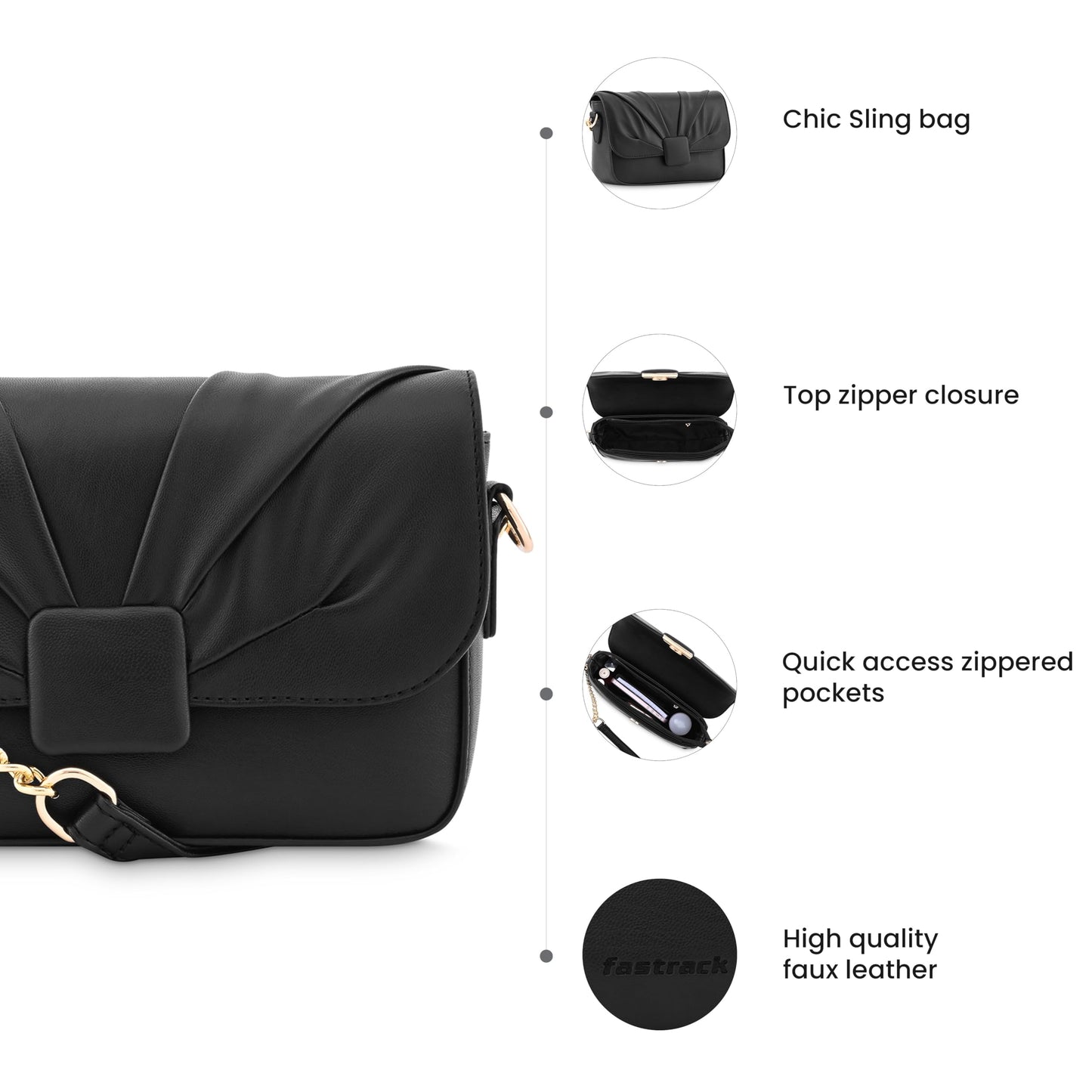 Fastrack Solid PU Zipper Closure Women's Party Sling Bag (Black, SMALL)