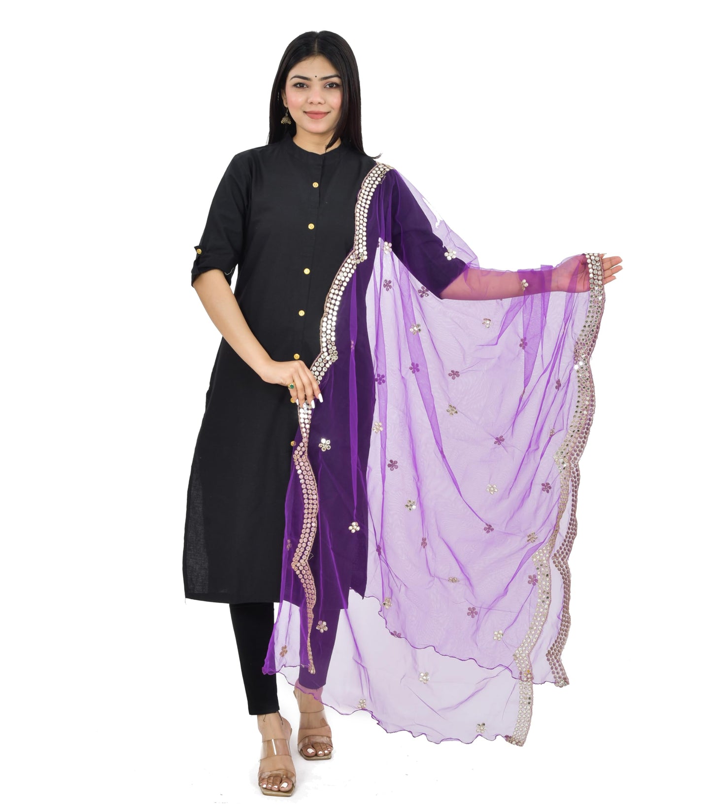 YOUTHQUAKE Embellished Mirror Half Curve Trendy Design Soft Net Dupatta for Womens & Girls (Purple)