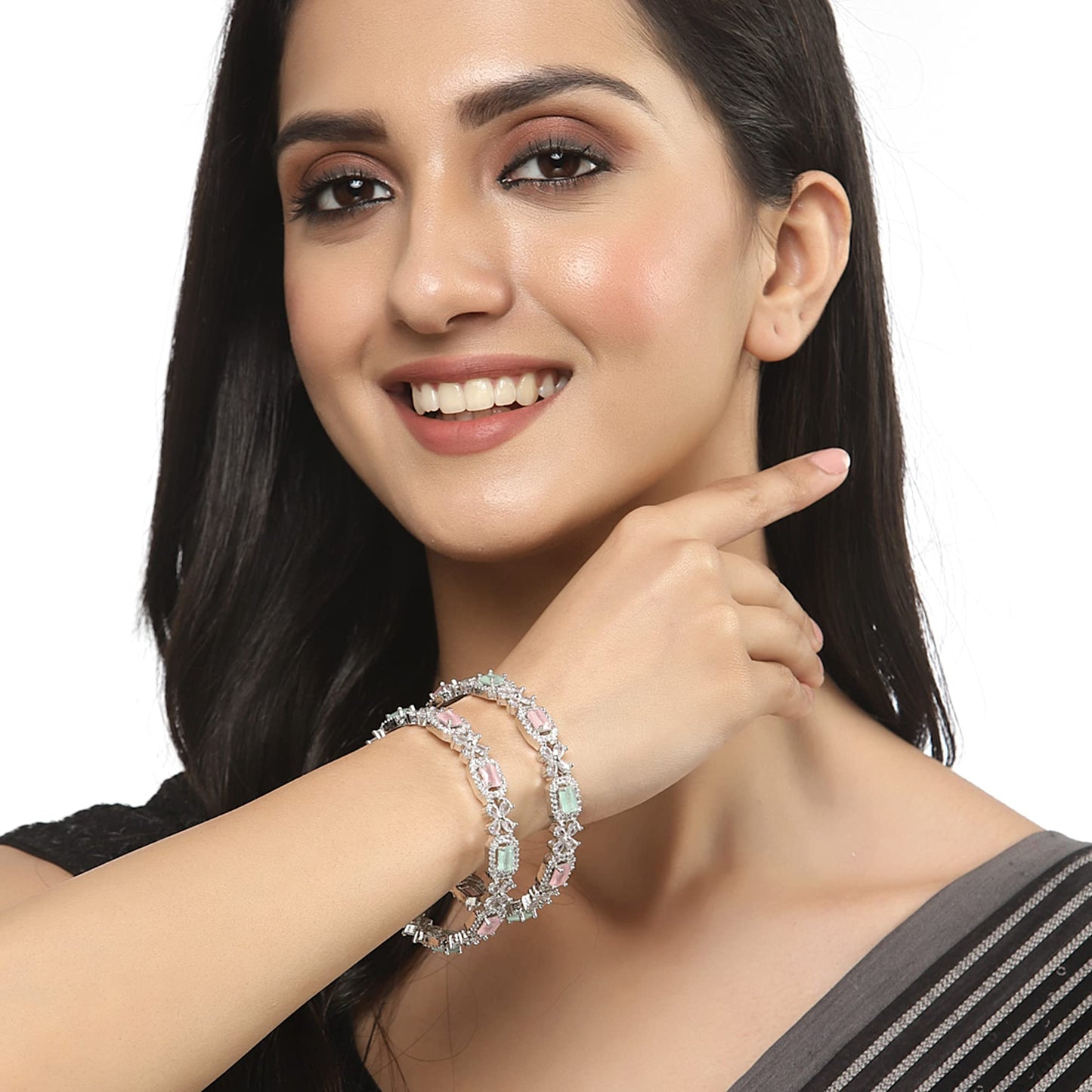 ZENEME Rhodium-Plated Silver Toned American Diamond Square Shaped studded Bangle Jewellery Set for Girls and Women (Set Of 2) (Design_01, 2.4)