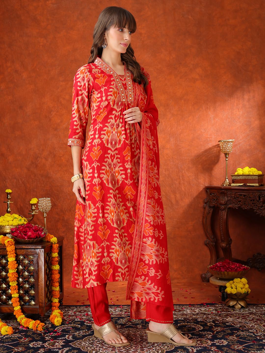 NIVANA Embroidered & Printed Kurta with Pant & coordinated Dupatta|Red|L