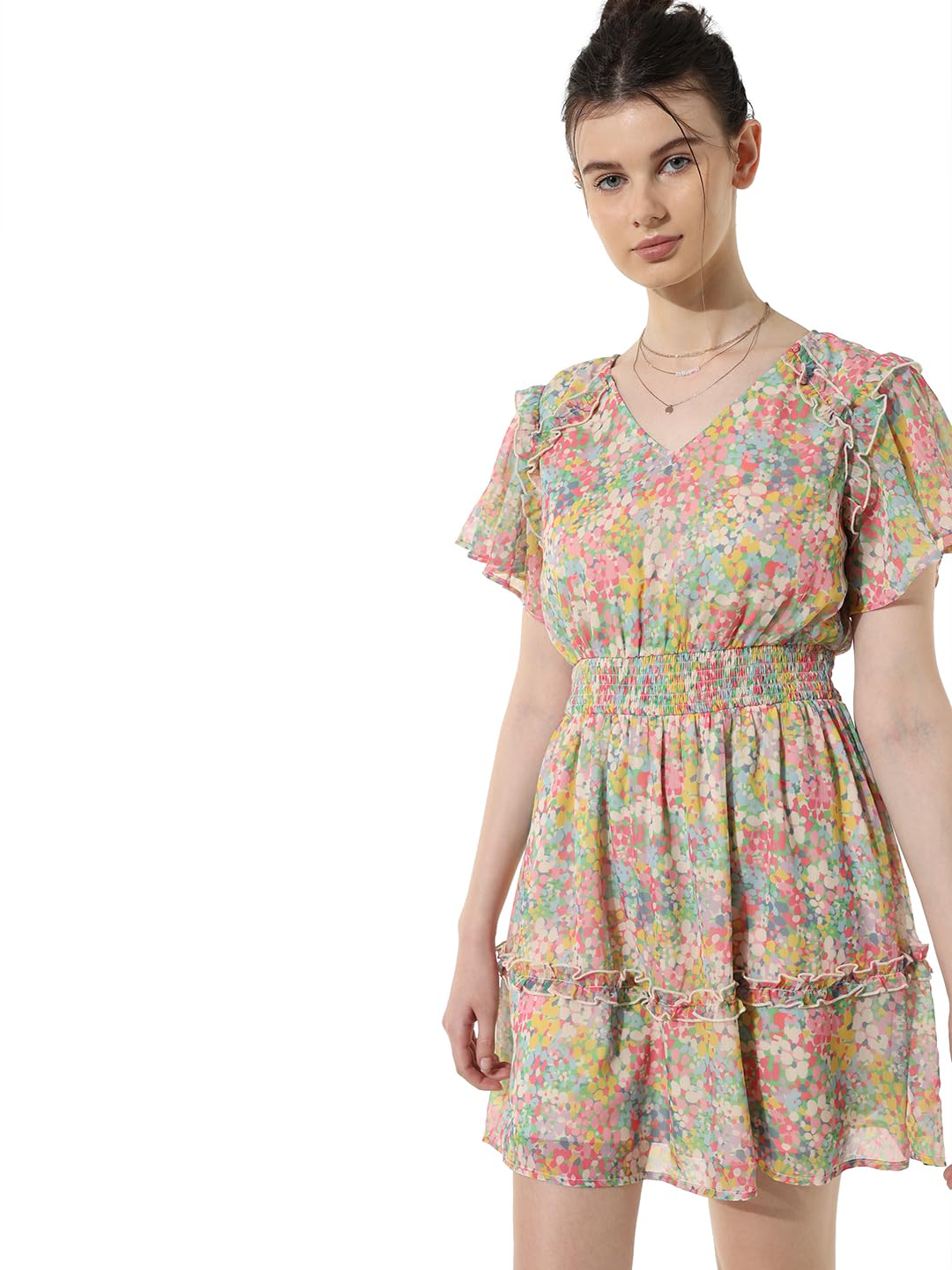 ONLY Women Printed Polyester Above Knee Multicolor Tiered Dress