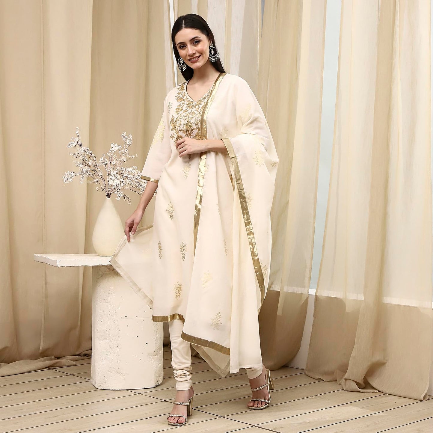 Biba Women's Poly Chanderi Kurta Set (SKDASRT7716ESS25OWHT_Off White