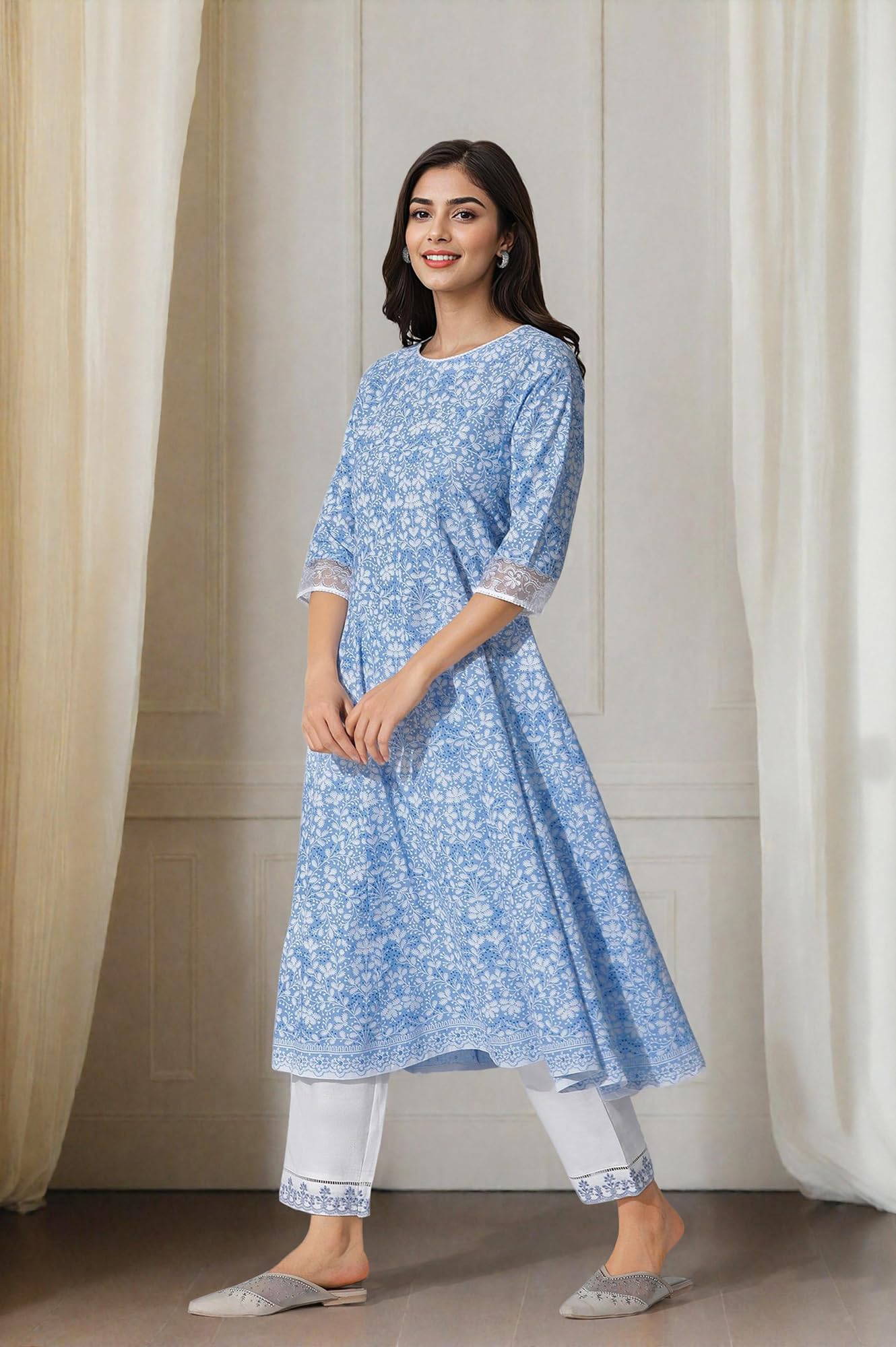 W for Woman Light Blue Floral Printed Flared Kurta, Straight Pants and Dupatta Set (Size: M)-24ONWS10817-123072