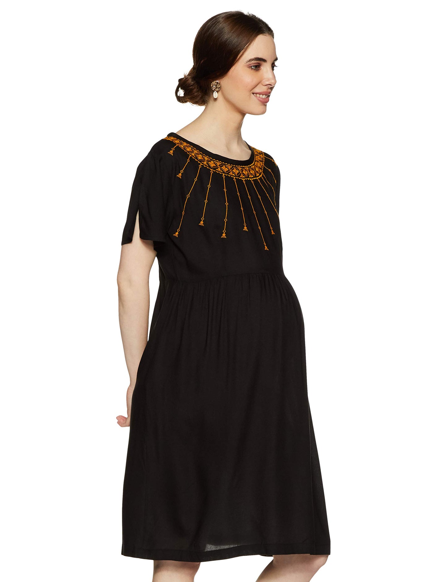 MomStory Women's Rayon Pleated Knee-Long Dress (MDRF501873_Black_XL)