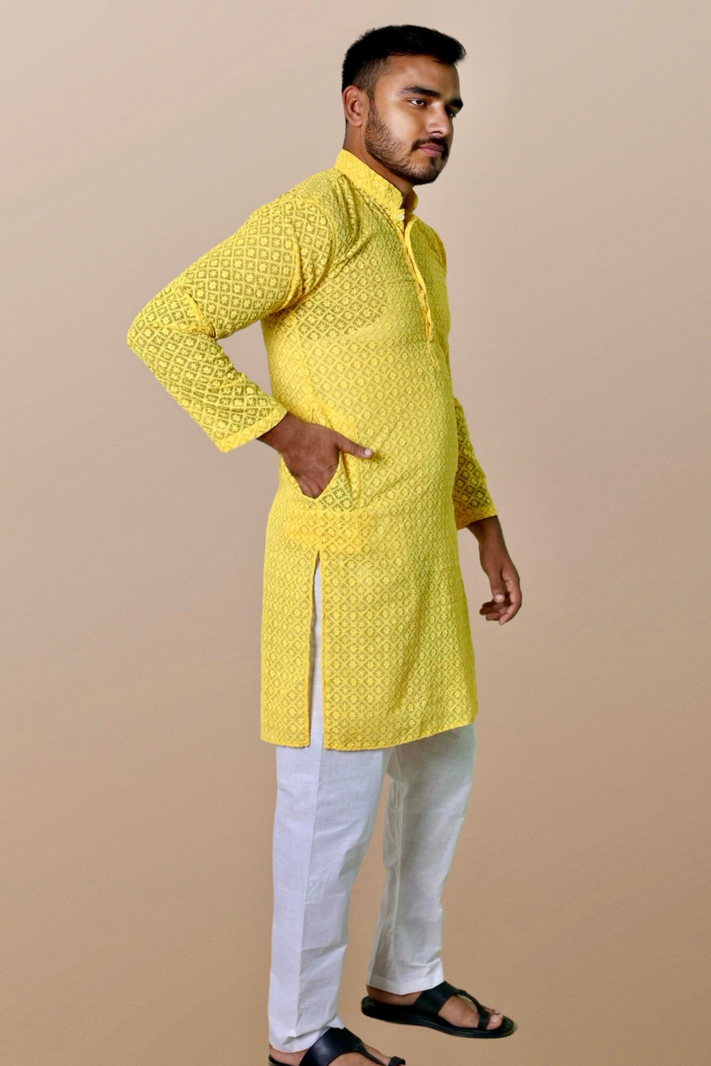 KASANI Men's Chikan Embroidery Kurta Georgette Long, Mandarin Collar, Full Sleeves, Knee-Length, Ethnic Wear Kurta for Men Dark Yellow