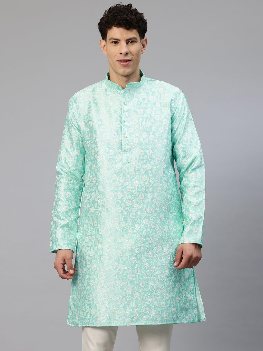 Luxrio Men's Silk Blend Jacquard Self Embroidered Textured Long Kurta Full Sleeves Green Size M