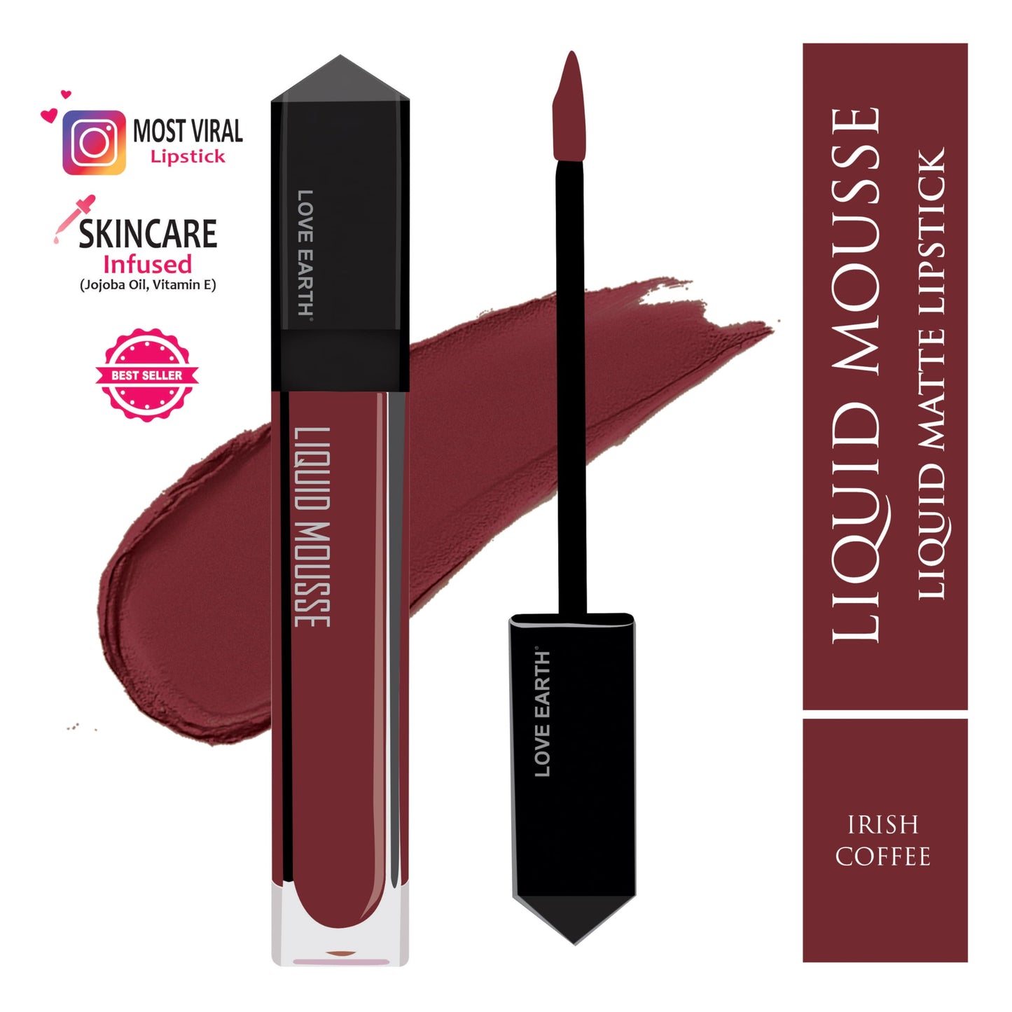 Love Earth Liquid Mousse Lipstick - Irish Coffee Matte Finish | Lightweight, Non-Sticky, Non-Drying,Transferproof, Waterproof | Lasts Up To 12 Hours With Vitamin E And Jojoba Oil - 6Ml