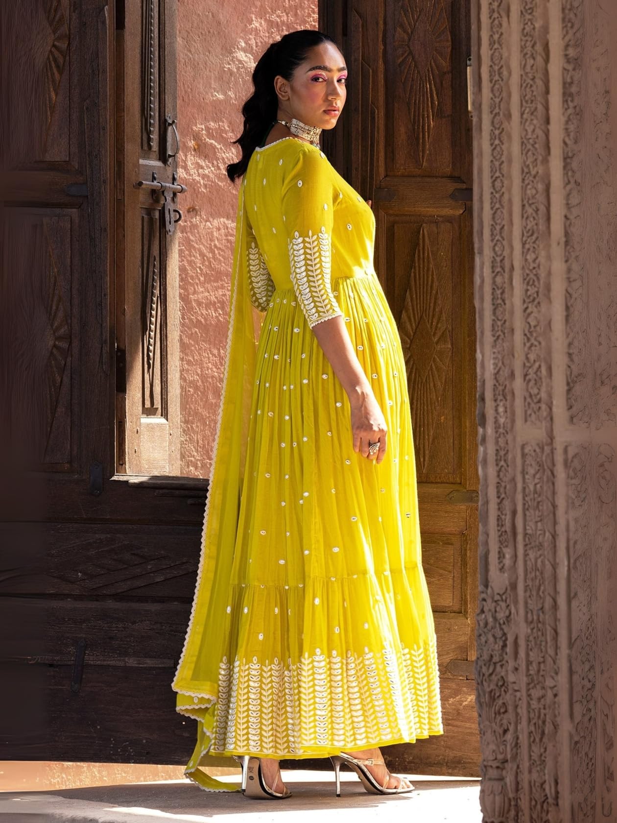 Radiant Yellow Angrakha Anarkali in Pure Cotton with Intricate Thread and Mirror Embroidery