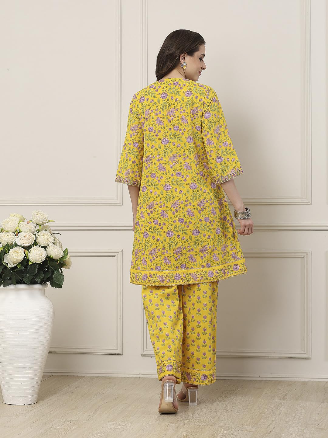 Biba Women Yellow Cotton Kalidar Suit Set_38