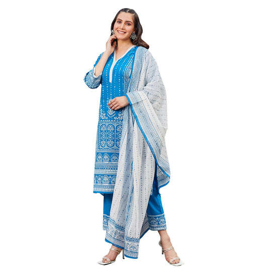BIBA Women Cotton Straight Printed Suit Set (SKDSHWETSAGA9572SS24BLU_Blue