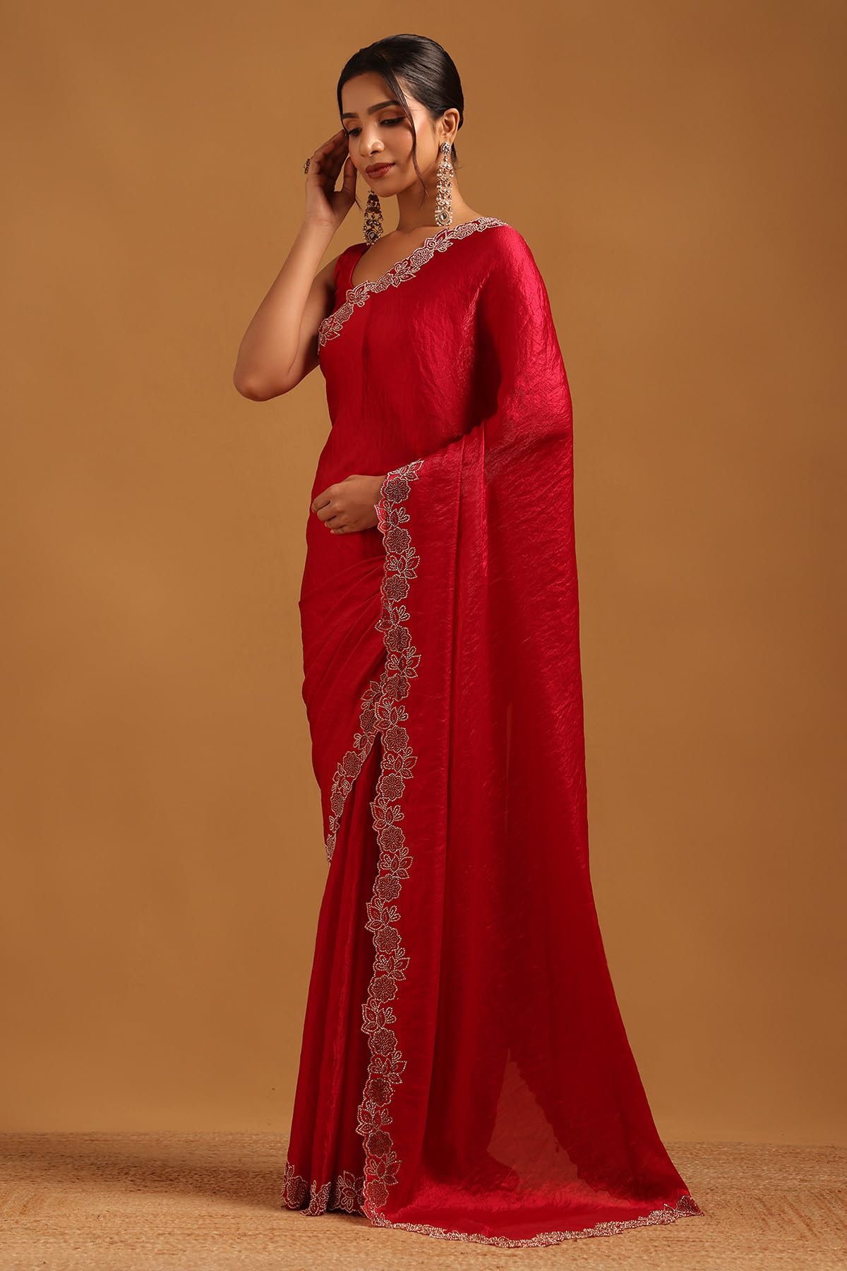 Soch Womens Red Fendy Organza Saree With Stone Work