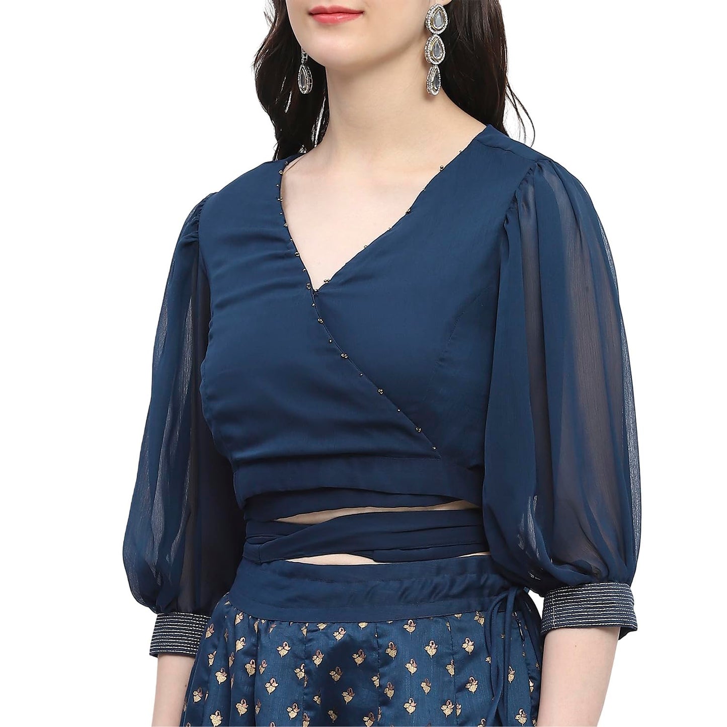 Biba Women's Chiffon Lehenga Set (FEST2766AW24BLU_Blue_34)