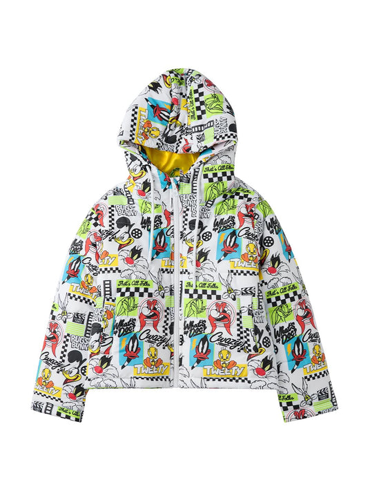 The Souled Store Looney Tunes: Old School Young Girls Long Sleeve Hooded Neck Polyester Puffer Jackets White