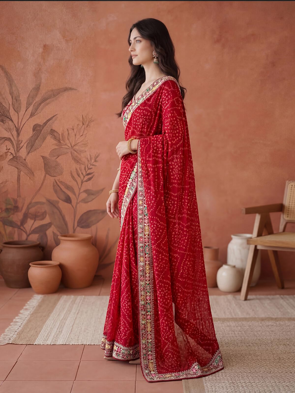 SIRIL Women's Georgette Sequin Embroidery Bandhani Printed Saree with Unstitched Blouse Piece (4486S556AA_Red)
