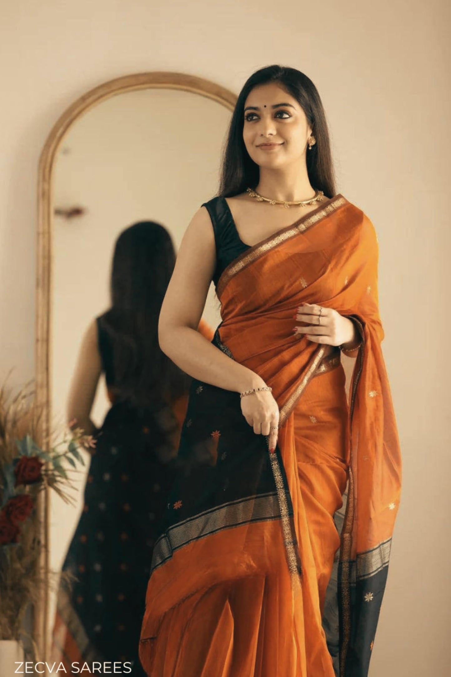 ZECVA Women's Pure Spun Linen Cotton Lichi Silk Saree With Attach Unstitch Blouse Piece (DARK ORANGE BLACK)