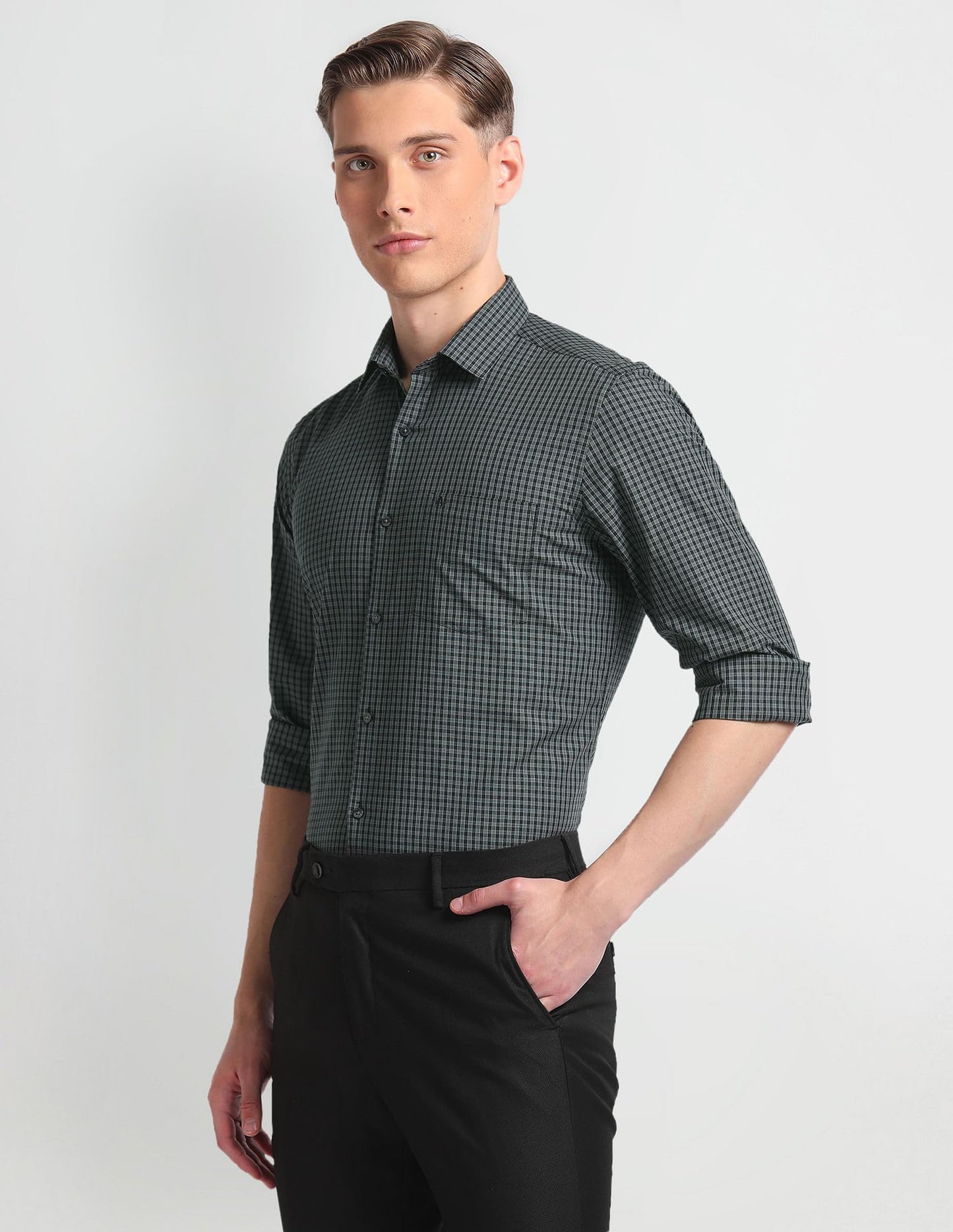 Arrow Men's Grey Checked - Cutaway Collar Full Sleeves Formal Shirt with Chest Pocket | Cotton Fabric | Slim Fit