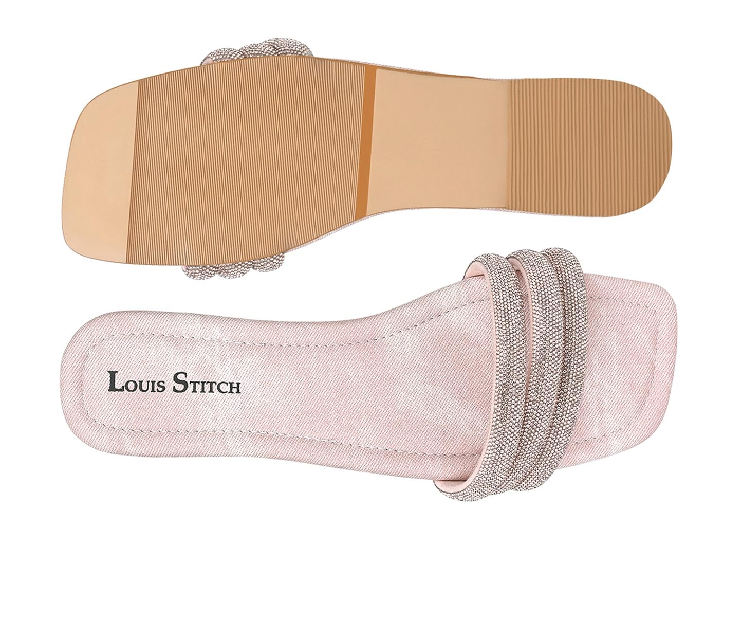 LOUIS STITCH Women’s Fashion Flat Slip-On Sandals | Open Toe Shiny Strap Flat Slipper for Ladies, Comfortable All day Wear Slipper | LDSL-GLST